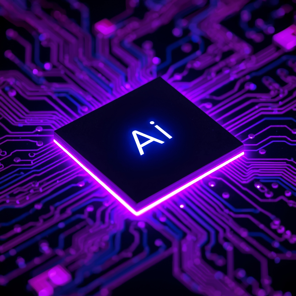 A macro shot of a sophisticated AI processor chip glowing with pulsing violet and blue circuitry patterns